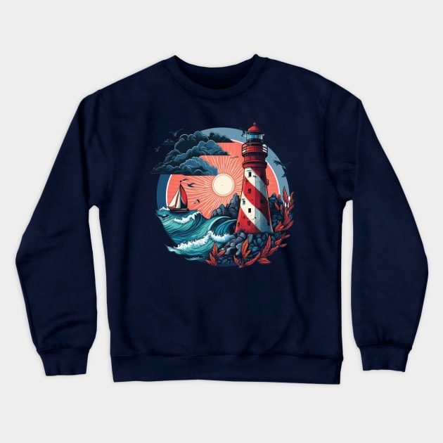 Guiding Seafarers: Nautical Light Tower Art Print in Red, White, and Blue Crewneck Sweatshirt by Hakubiya